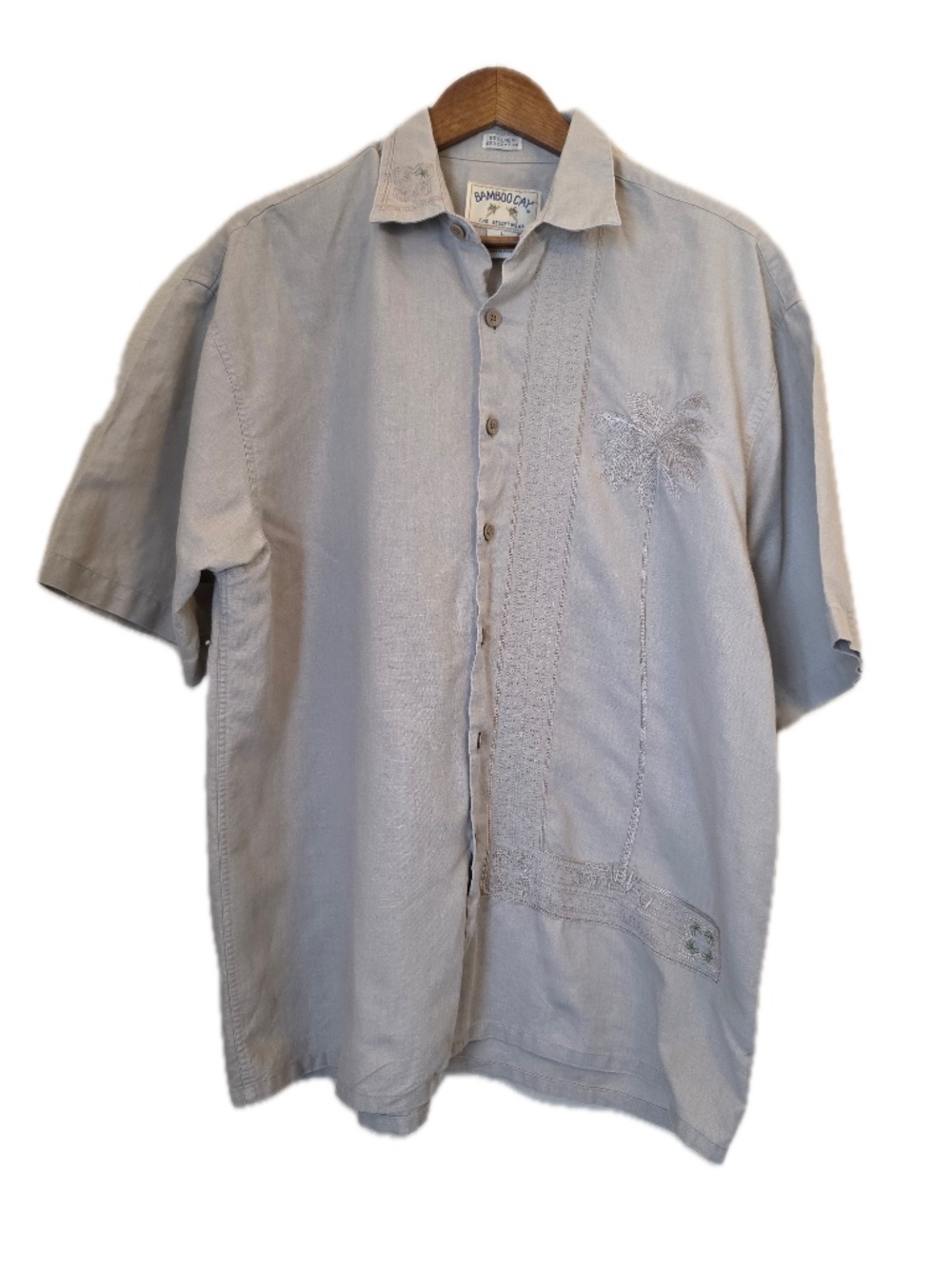 Bamboo Cay Shirt Mens L Beige Button Up Short Sleeve Linen Cotton Casual
